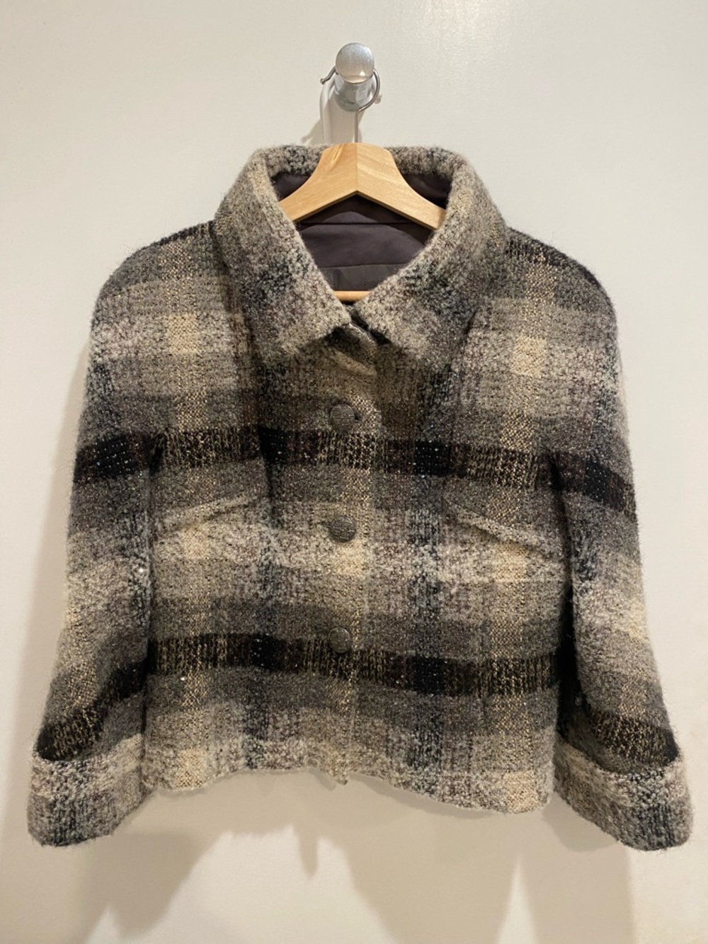 CHANEL Cropped Plaid Wool-Blend Jacket in Gray, Cream and Black